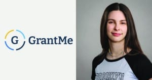 A white teenage girls with brown hair wearing a white and black shirt smiles professionally beside the GrantMe logo.